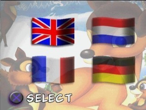 Der Bildschirm zur Sprachauswahl zeigt die Flaggen von Großbritannien, den Niederlanden, Frankreich und Deutschland.