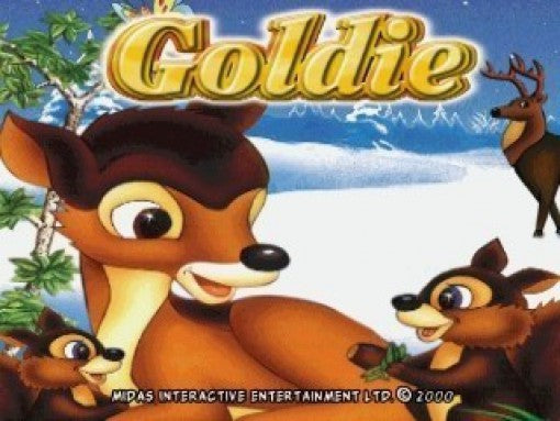 Der Titelbildschirm des Spiels Goldie zeigt ein Reh mit zwei Eichhörnchen und den goldenen Schriftzug des Titels.