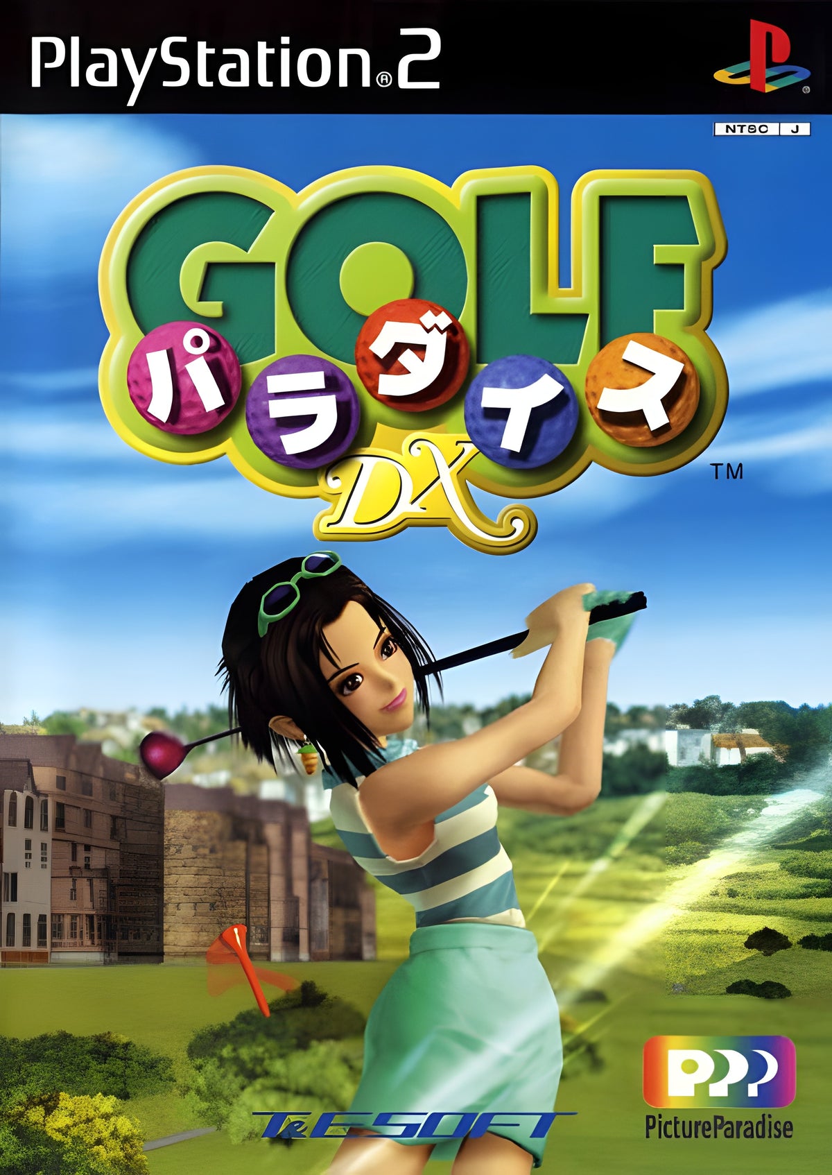 Das Cover von Golf Paradise DX für PS2 zeigt eine junge Golferin beim Abschlag auf einem grünen Platz.