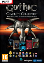 Das Cover der Gothic: Complete Collection für PC zeigt eine gehörnte Maske und die Cover der einzelnen Spiele. PEGI 16.