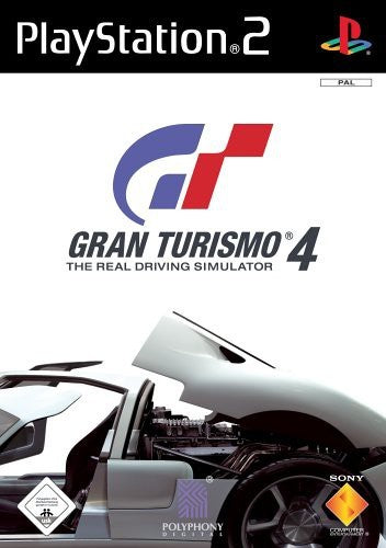 Die Vorderseite der Spielverpackung von Gran Turismo 4 für PS2 zeigt einen weißen Sportwagen und das USK ab 0 Siegel.