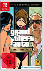 Grand Theft Auto Trilogy Definitive Edition für Nintendo Switch mit USK ab 18 Siegel und drei Frauenfiguren.