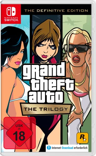 Grand Theft Auto Trilogy Definitive Edition für Nintendo Switch mit USK ab 18 Siegel und drei Frauenfiguren.
