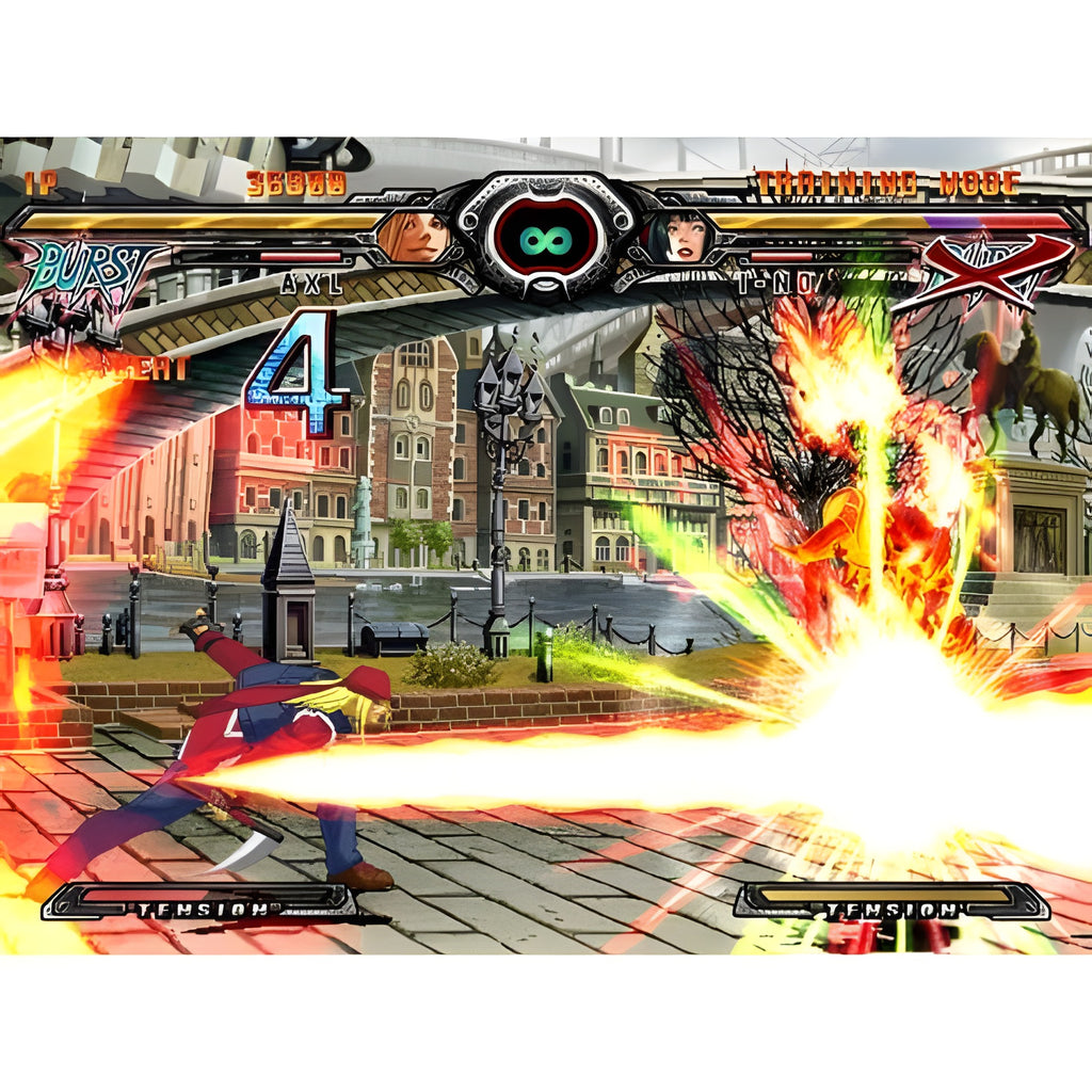 Guilty Gear XX Accent Core zeigt einen Energieangriff eines Kämpfers vor einer Stadtbrücke.