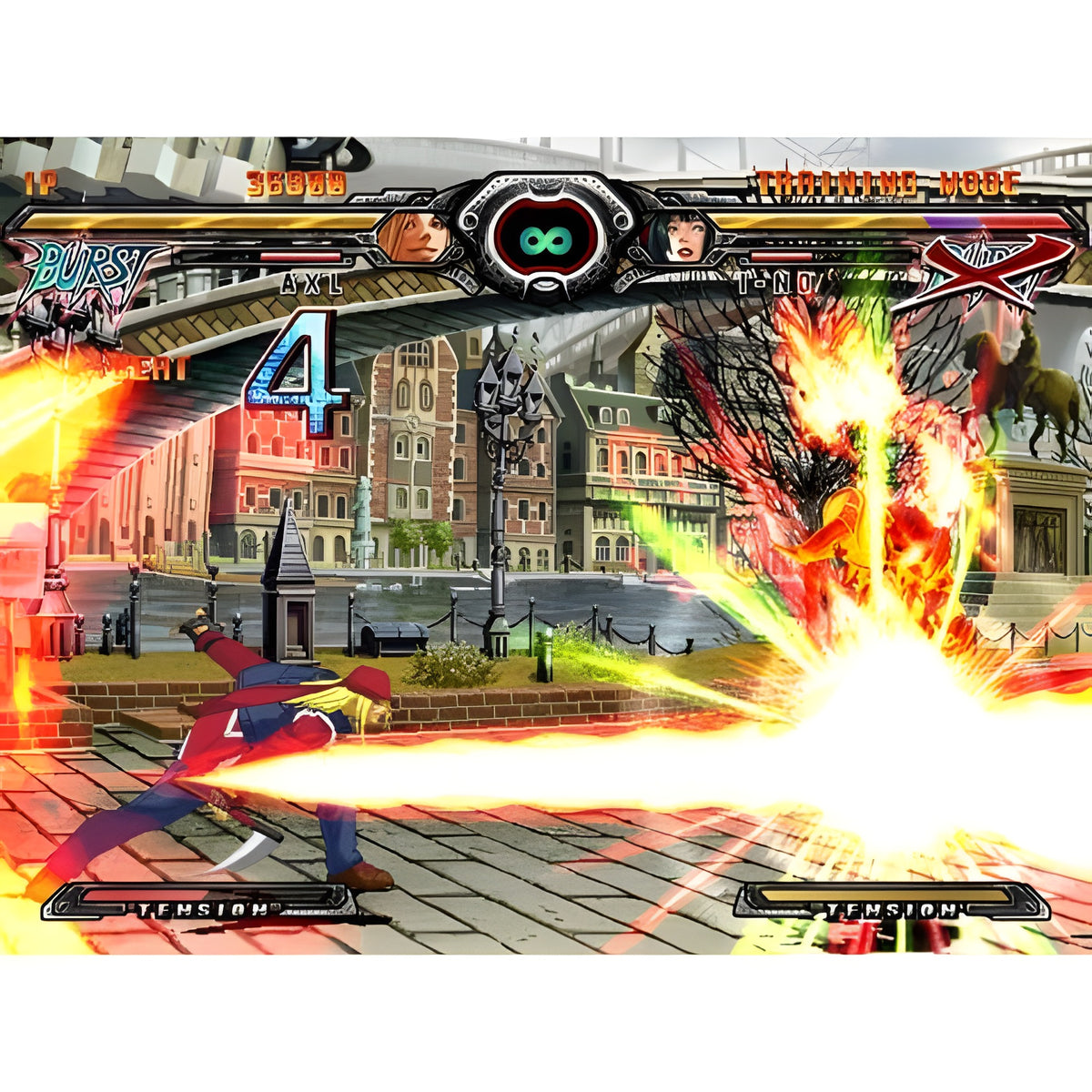 Guilty Gear XX Accent Core zeigt einen Energieangriff eines Kämpfers vor einer Stadtbrücke.