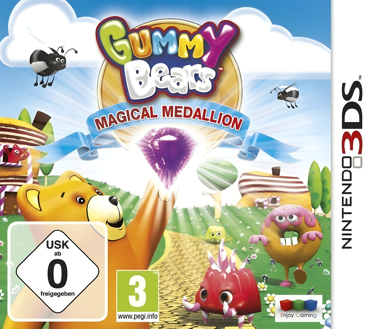 Das Cover von Gummy Bears Magic Medallion zeigt einen Bären, der ein lila Medaillon hält, USK ab 0.