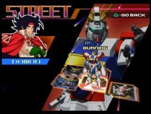 Ein Menübild zeigt den Charakter Domon und den Kampfroboter Burning mit Auswahlkarten.