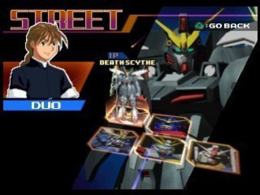 Ein Menübild zeigt den Charakter Duo und den Kampfroboter Deathscythe mit Auswahlkarten.