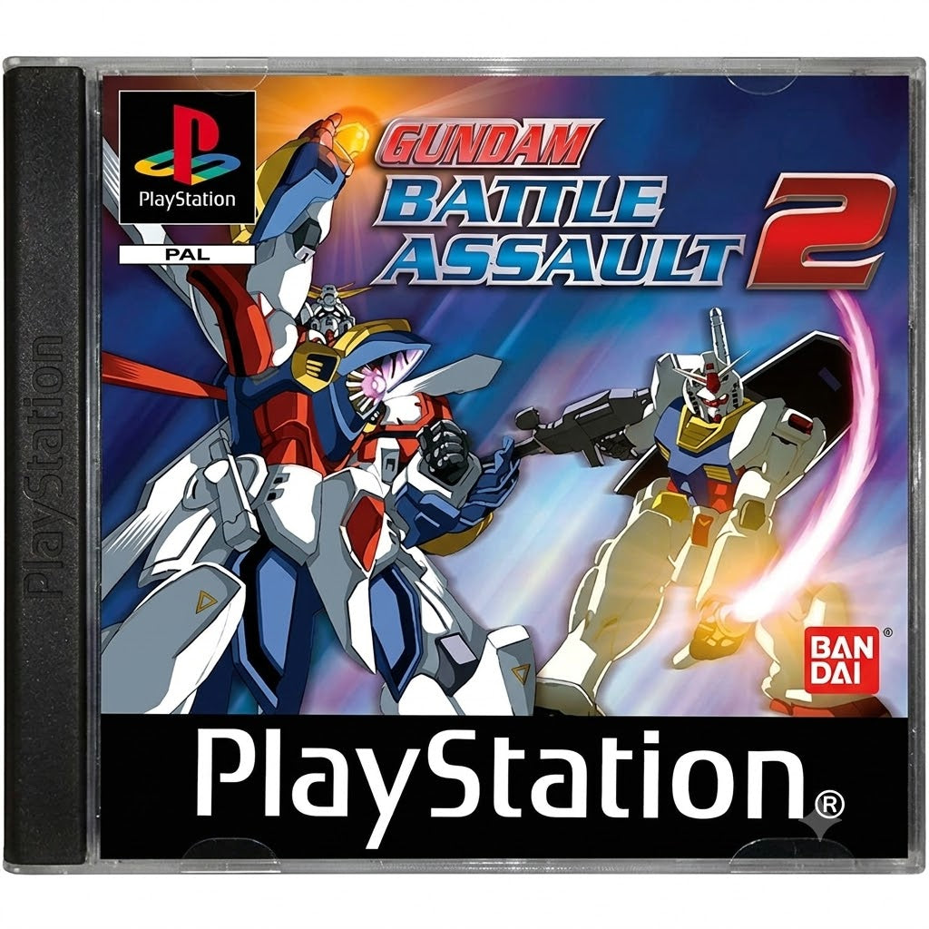 Das Cover von Gundam Battle Assault 2 für PlayStation zeigt zwei Kampfroboter im Kampf und das Konsolenkost-Logo.
