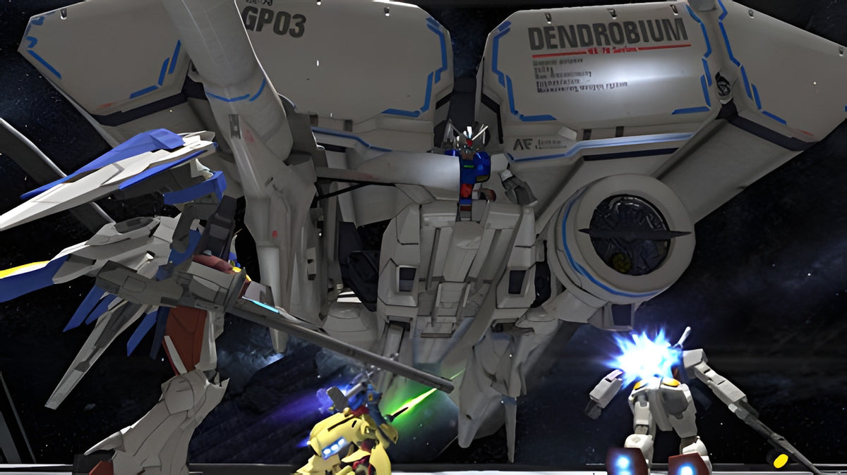 In Gundam Breaker 2 kämpfen mehrere Gundams vor einem riesigen Dendrobium-Modell im Weltraum.