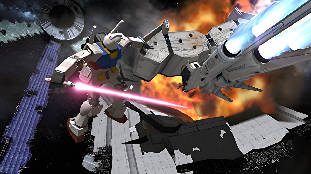 Ein Gundam feuert in Gundam Breaker 2 einen Laserstrahl auf ein großes Raumschiff im All ab.