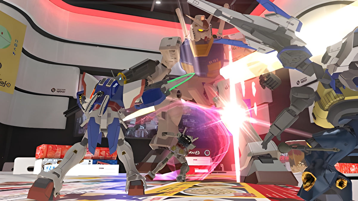 Mehrere Gundams kämpfen in Gundam Breaker 2 in einer hellen Arena im Nahkampf.