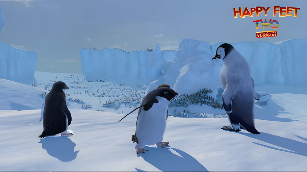 Drei Pinguine stehen in einer weiten Eislandschaft in Happy Feet 2, im Hintergrund sind weitere Pinguine zu sehen.