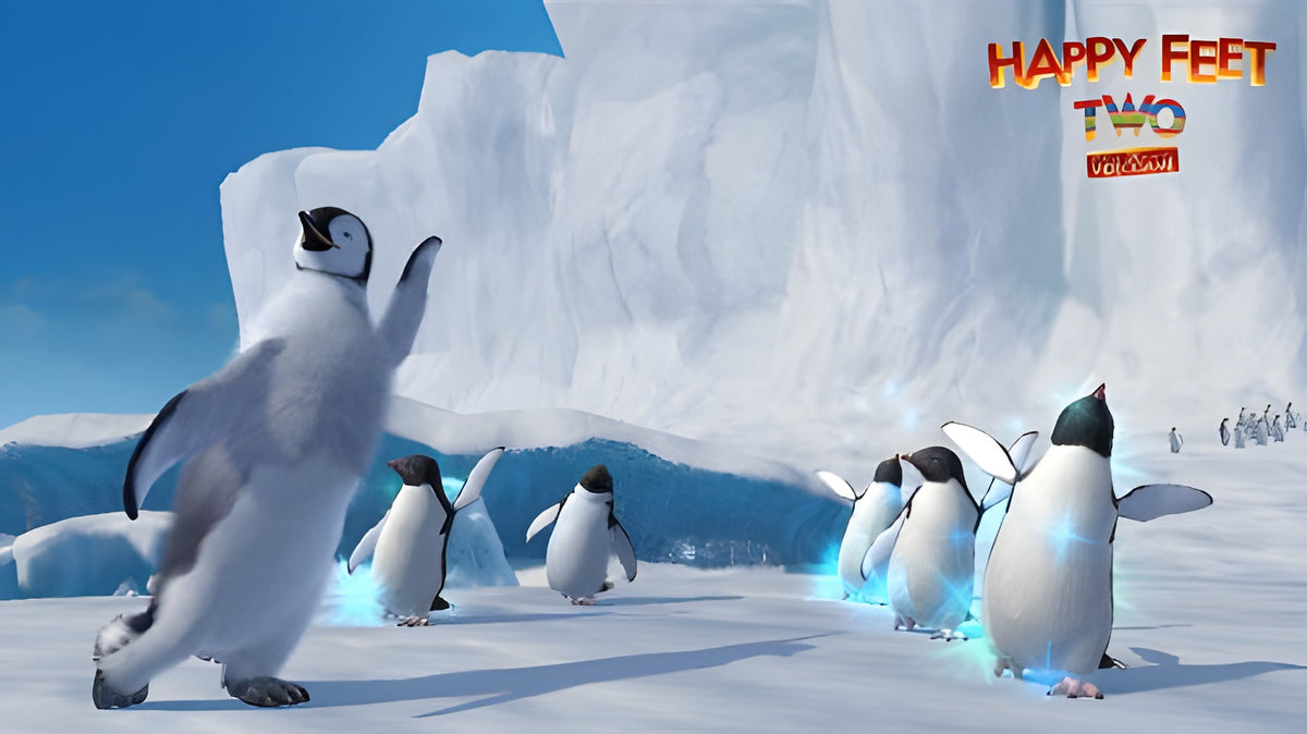 In Happy Feet 2 tanzen mehrere Pinguine im Schnee, einige von ihnen leuchten blau.