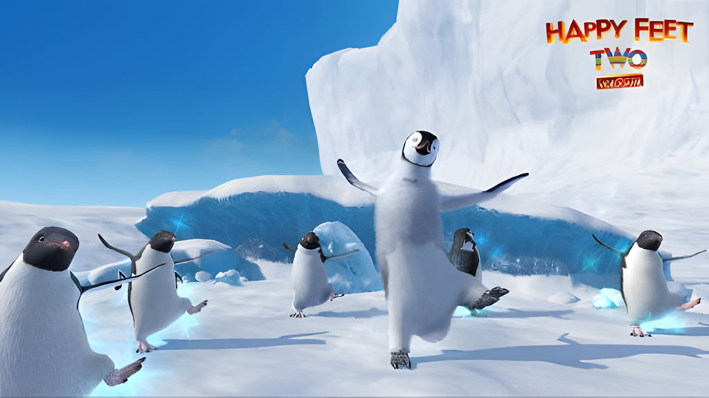 In Happy Feet 2 tanzen mehrere Pinguine in einer eisigen Landschaft mit blauen Eiskristallen.