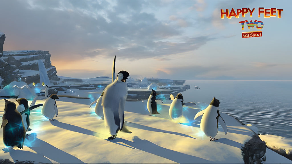 In Happy Feet 2 tanzen mehrere Pinguine im Schnee am Meer, umgeben von blauen Lichteffekten.
