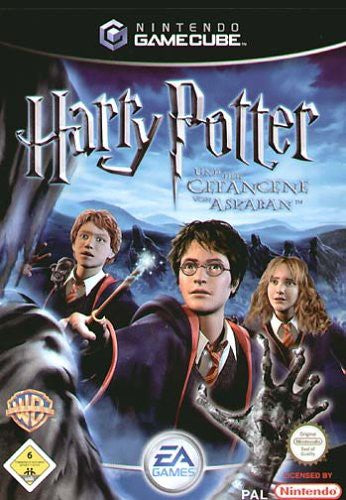 Harry Potter und der Gefangene von Askaban für GameCube zeigt Harry, Ron und Hermine mit Zauberstäben, USK ab 6.