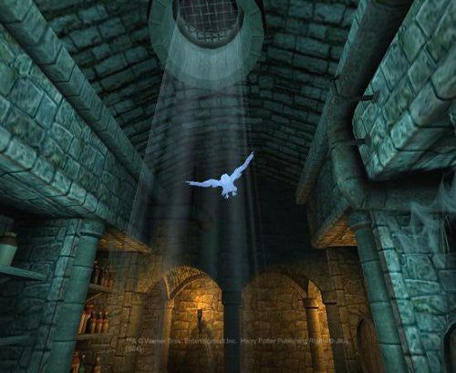 Eine weiße Eule fliegt durch einen Lichtstrahl in einem dunklen Kellergewölbe mit vielen Flaschen.