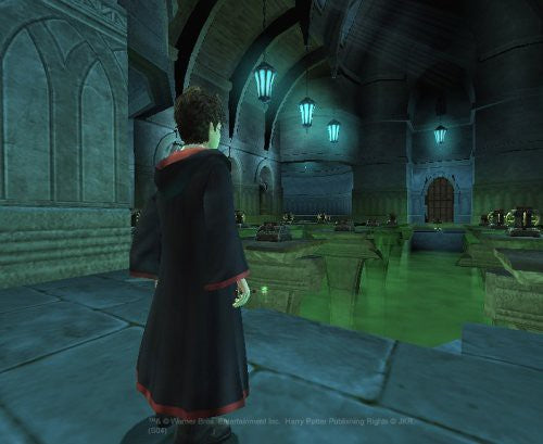 Harry Potter steht mit dem Rücken zum Betrachter in einem Raum mit grünem Wasser und Laternen.