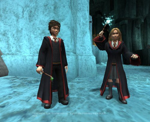 Harry Potter und Hermine Granger stehen in Zaubererroben und mit Zauberstäben in einer eisigen Höhle.