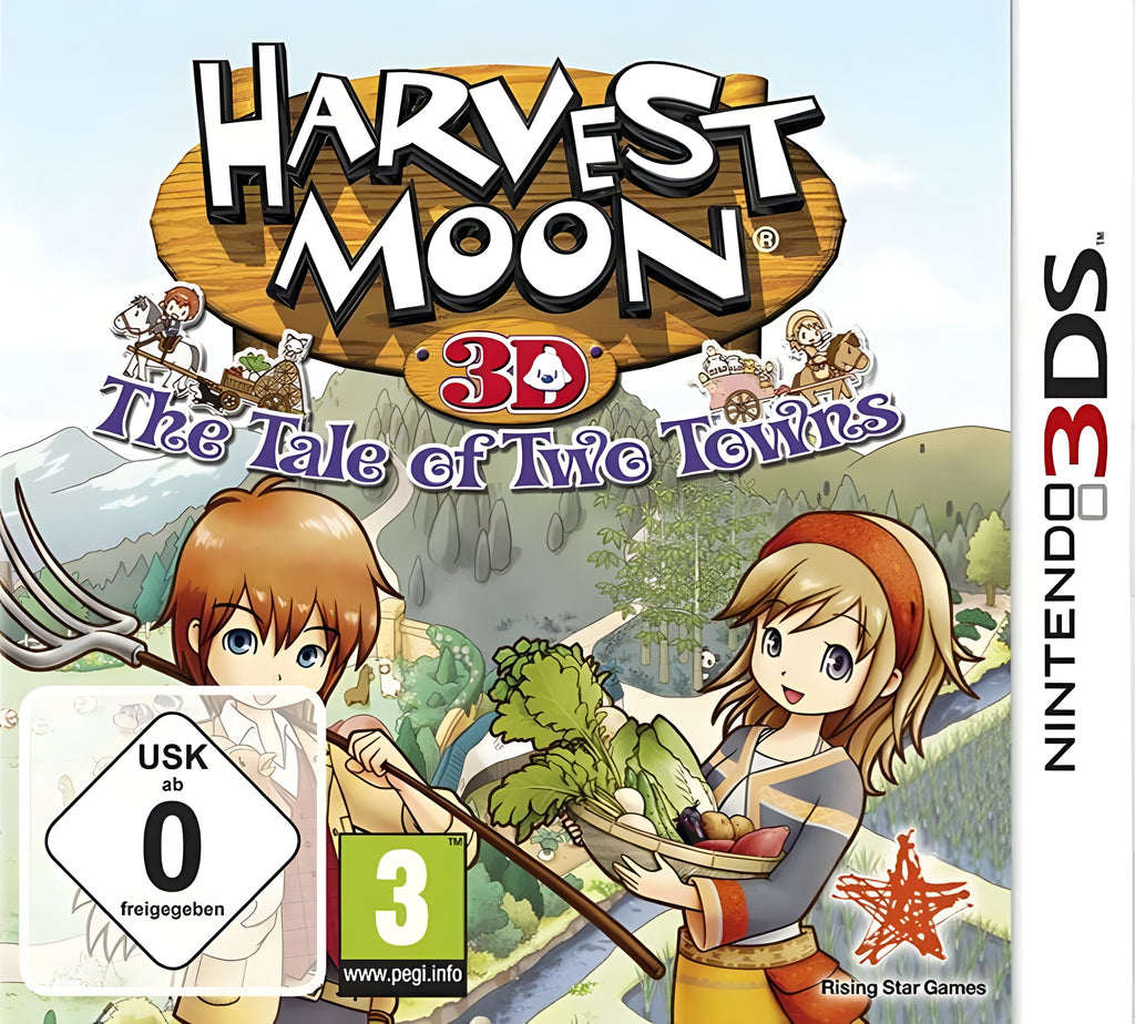 Das Cover von Harvest Moon 3D: Geschichte zweier Städte / The Tale of Two Towns zeigt zwei Bauernkinder und die USK ab 0.