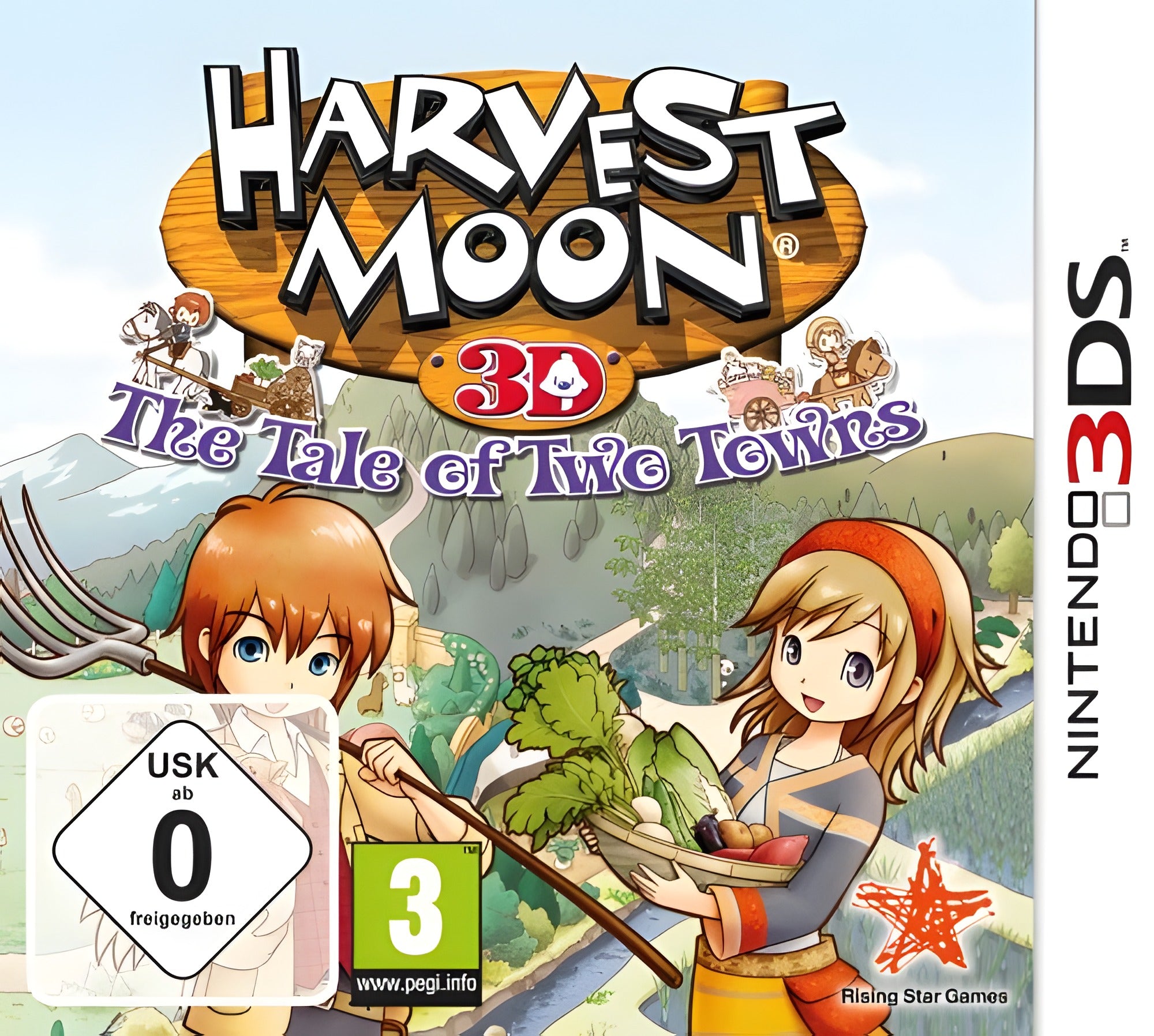 Das Cover von Harvest Moon 3D: Geschichten zweier Städte für Nintendo 3DS zeigt zwei Bauernkinder und die USK ab 0.