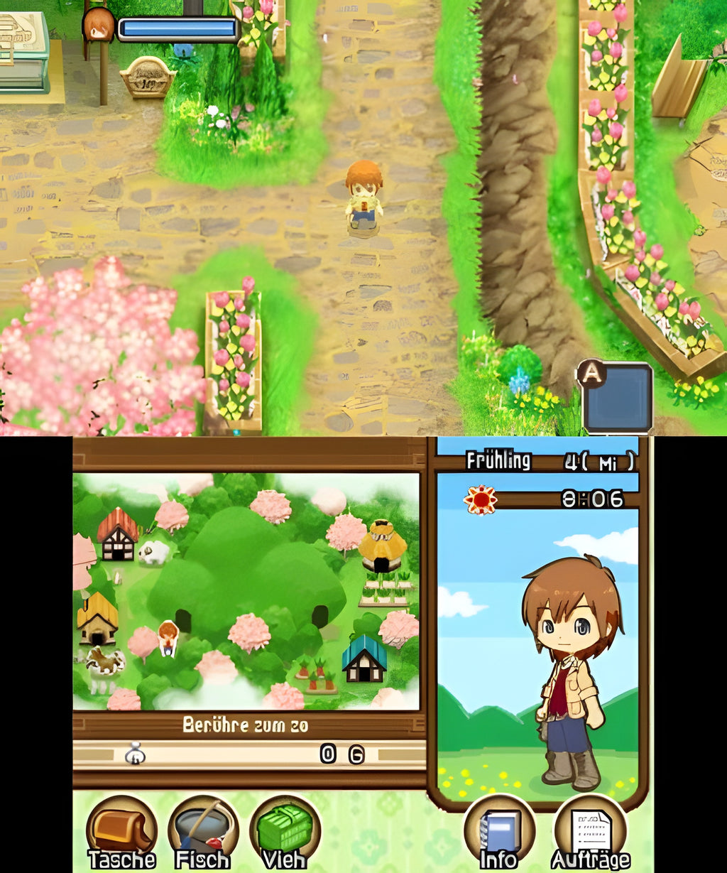 In Harvest Moon 3D: Geschichten zweier Städte für Nintendo 3DS läuft eine Figur auf einem Weg zwischen Blumenbeeten.