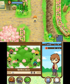 In Harvest Moon 3D: Geschichten zweier Städte für Nintendo 3DS läuft eine Figur auf einem Weg zwischen Blumenbeeten.