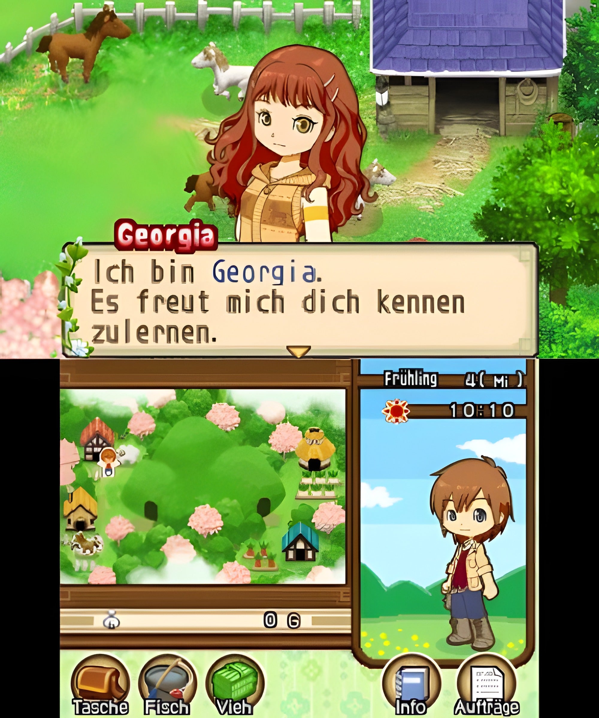 Eine Dialogszene aus Harvest Moon 3D: Geschichten zweier Städte für Nintendo 3DS zeigt die Figur Georgia vor einem Stall.