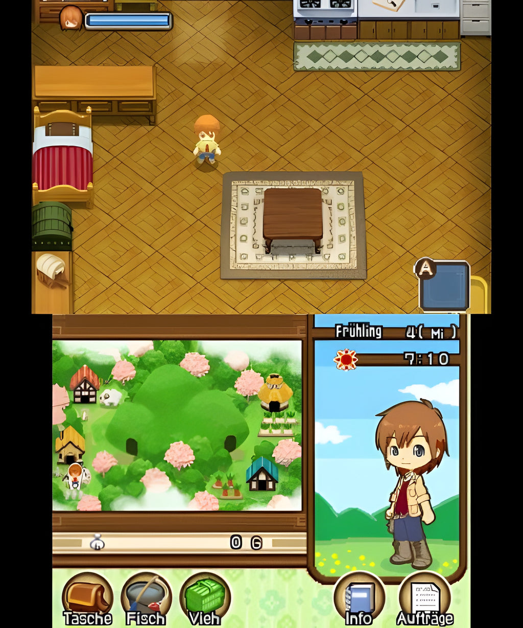 Harvest Moon 3D: Geschichten zweier Städte für Nintendo 3DS zeigt eine Figur in einem möblierten Haus.
