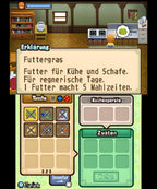 Im Menü von Harvest Moon 3D: Geschichten zweier Städte für Nintendo 3DS wird Futtergras erklärt.