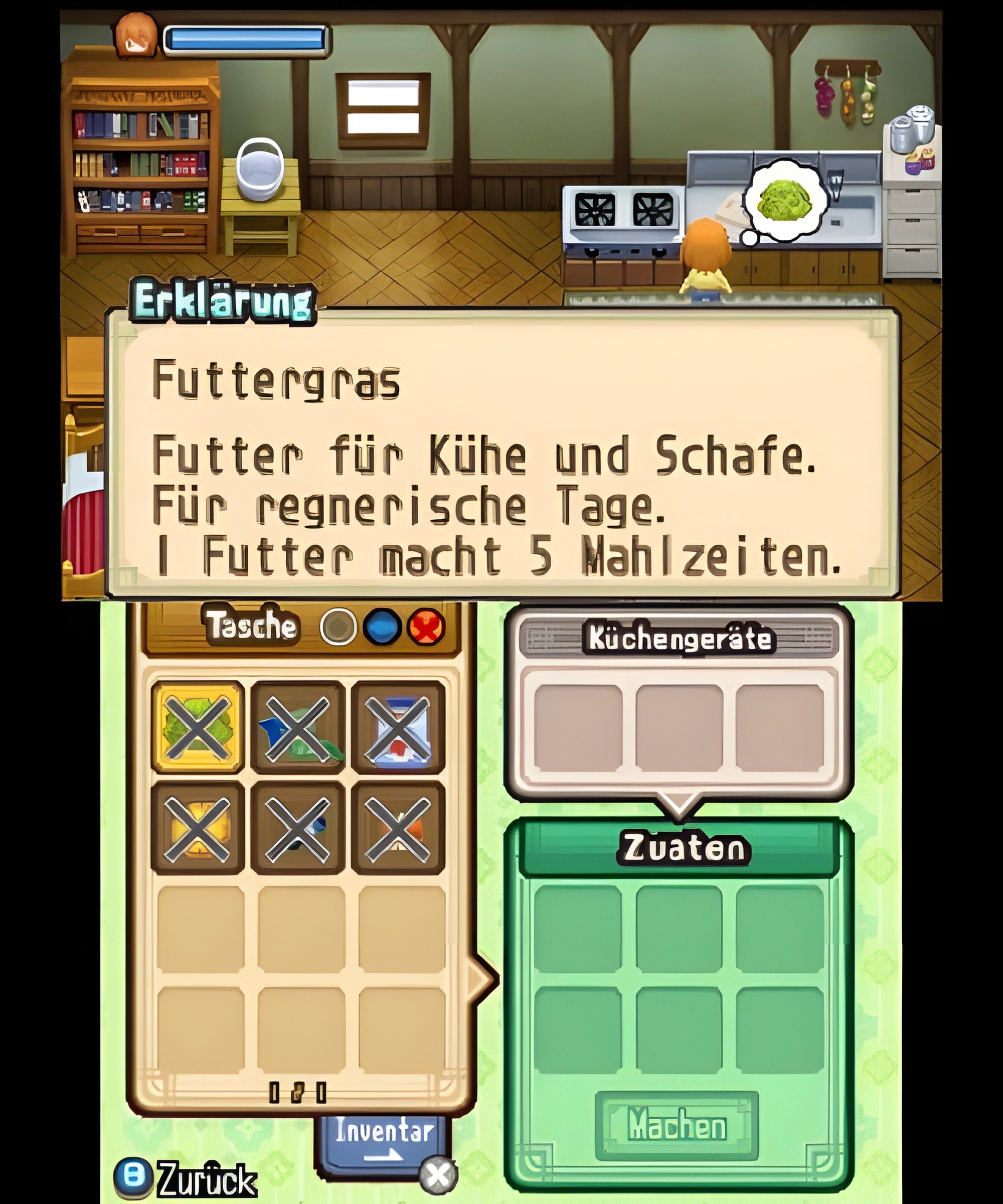 Im Menü von Harvest Moon 3D: Geschichten zweier Städte für Nintendo 3DS wird Futtergras erklärt.