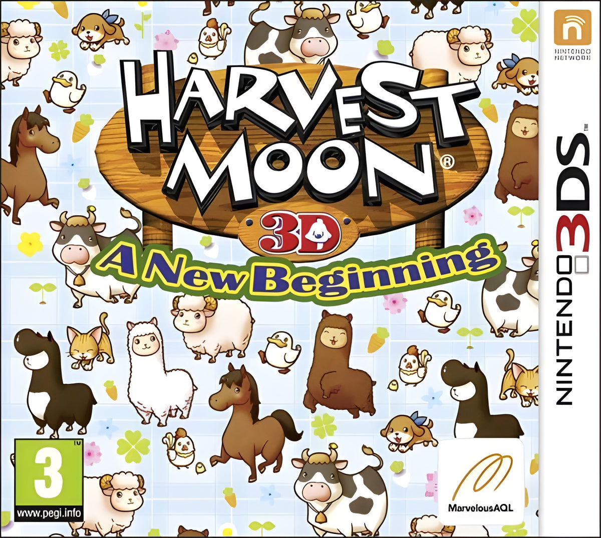 Das Cover von Harvest Moon 3D: New Beginning zeigt viele Farmtiere und das PEGI 3 Siegel.