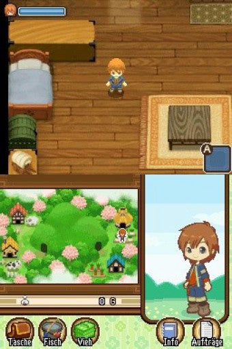 Eine Spielfigur steht in einem Haus, darunter ist eine Karte mit Häusern und Bäumen zu sehen.