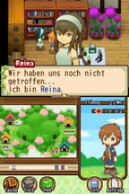 Eine Spielszene zeigt einen Dialog mit der Figur Reina, eine Übersichtskarte und den männlichen Protagonisten.