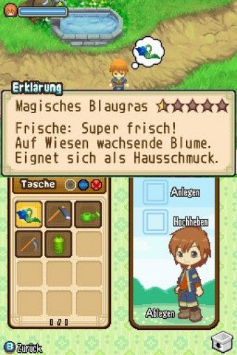 Eine Spielszene zeigt das Inventar des Spielers mit Werkzeugen und eine Erklärung für Magisches Blautgras.
