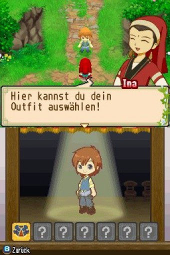 Eine Spielszene zeigt die Figur Ina, die dem Spieler bei der Auswahl eines Outfits hilft.