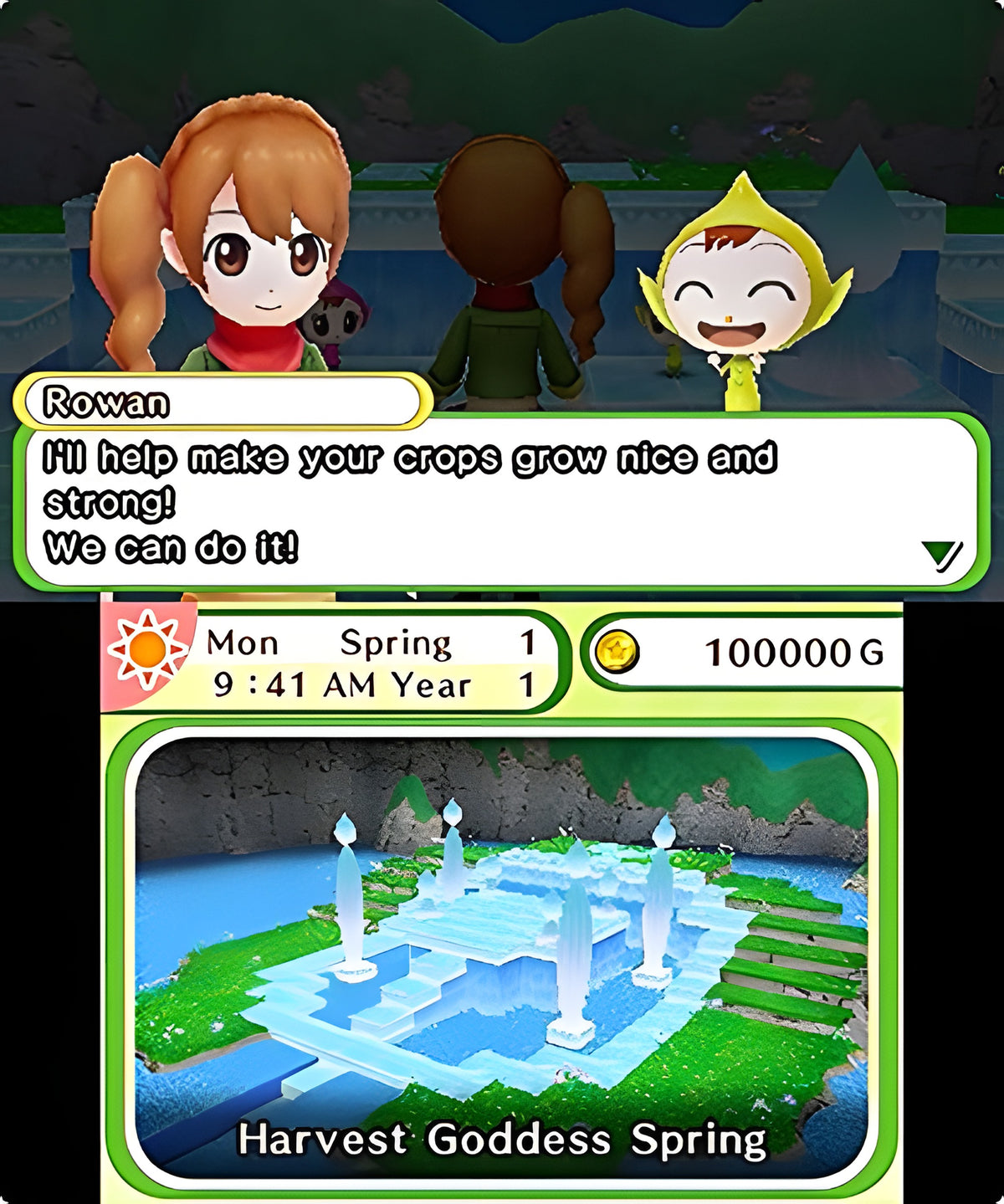 In Harvest Moon: Skytree Village unterhalten sich drei Charaktere, während Rowan einen Dialog führt.
