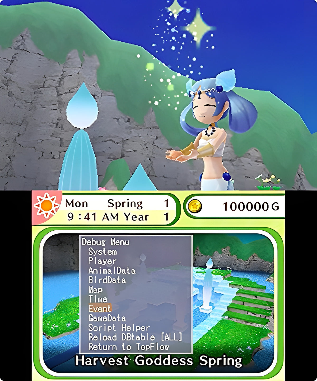 Ein Debug-Menü ist in Harvest Moon: Skytree Village über einer Spielszene eingeblendet.