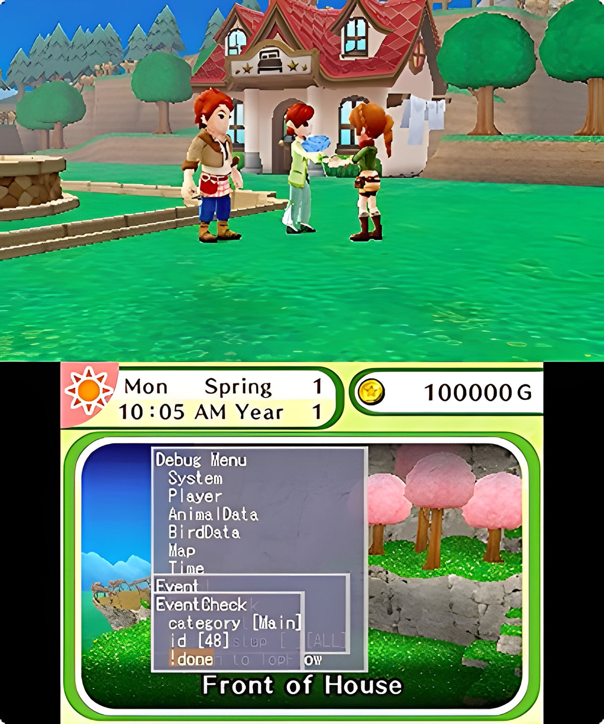 Drei Figuren stehen vor einem Haus in Harvest Moon: Skytree Village, während ein Menü erscheint.