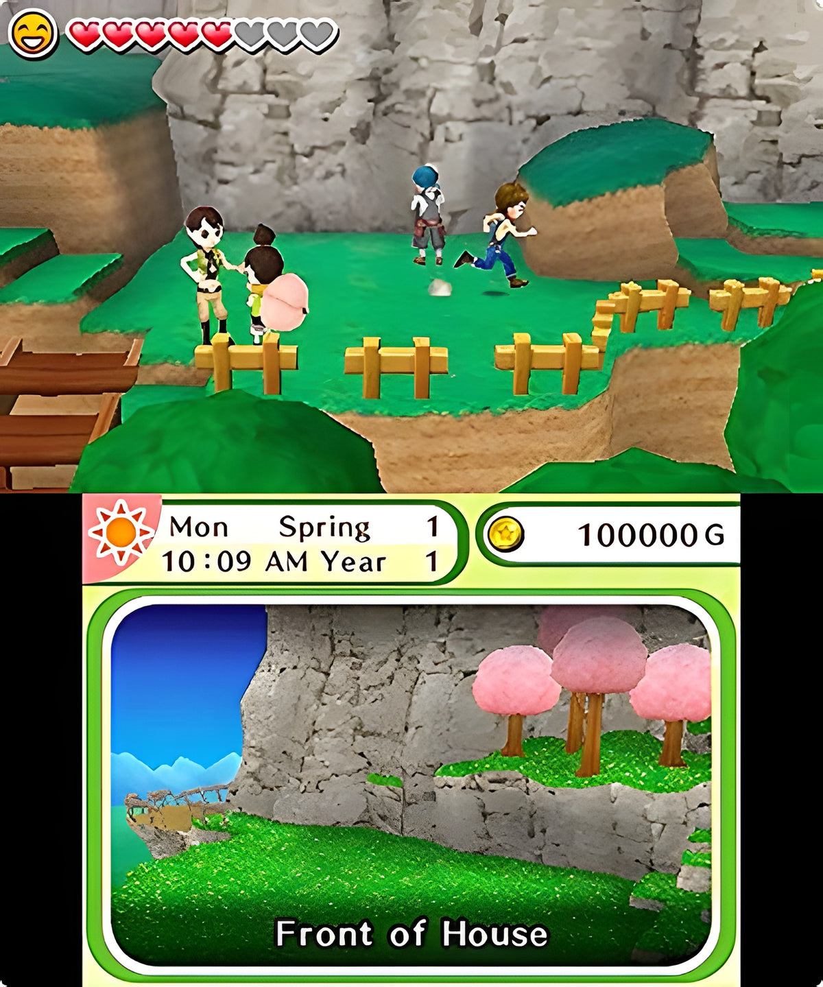 Mehrere Charaktere laufen in Harvest Moon: Skytree Village durch eine hügelige Landschaft.