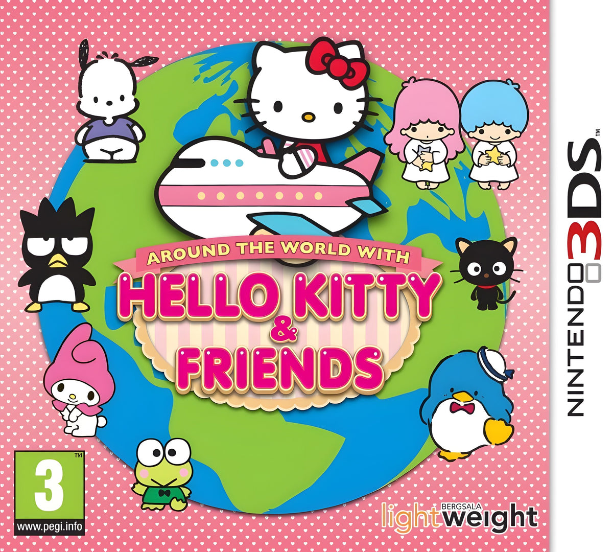 Das Cover von Hello Kitty & Friends: Around the World zeigt Hello Kitty im Flugzeug und das PEGI 3 Siegel.