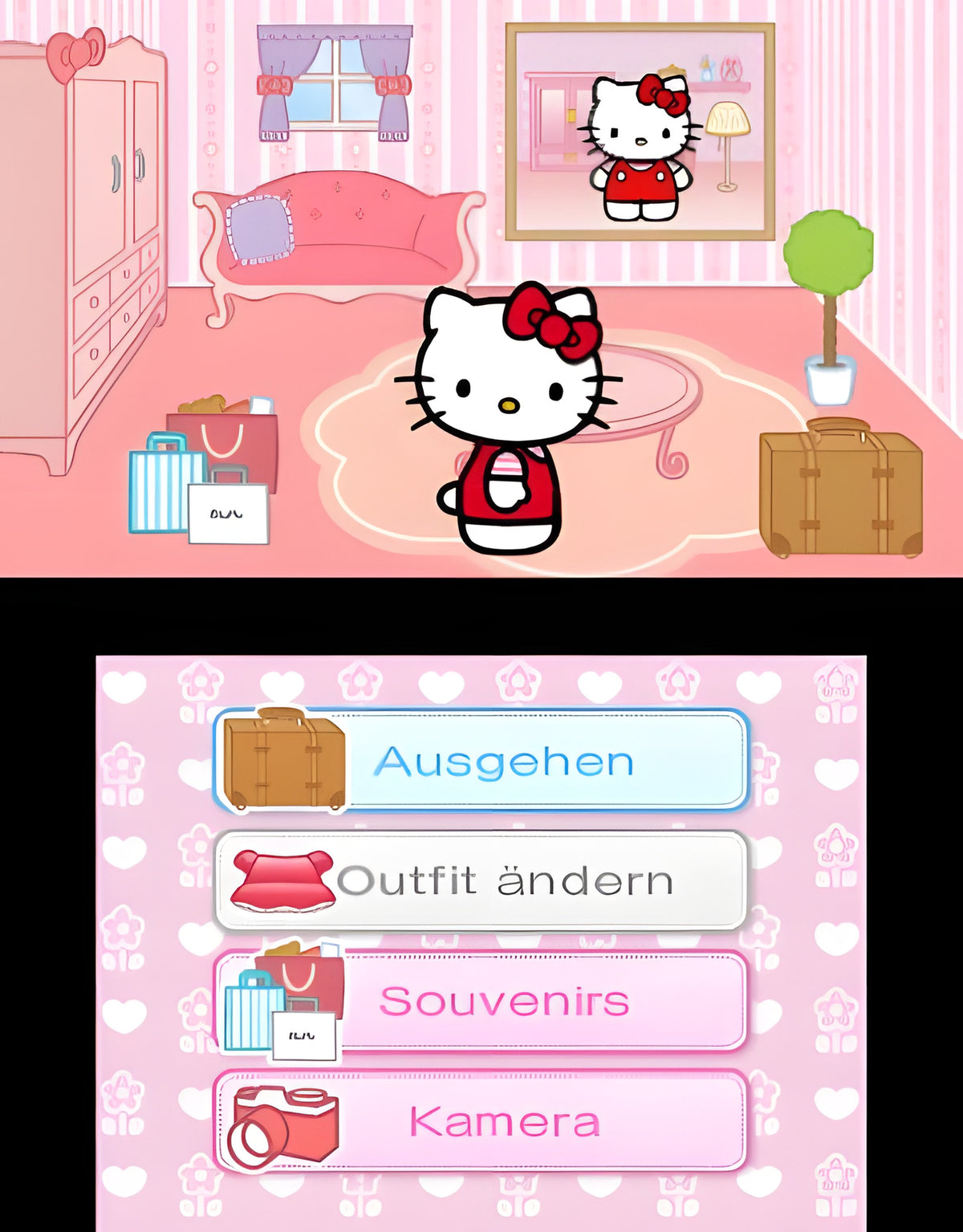 Hello Kitty und Freunde - Rund um die Welt zeigt Hello Kitty in einem Zimmer und ein Menü mit Optionen.