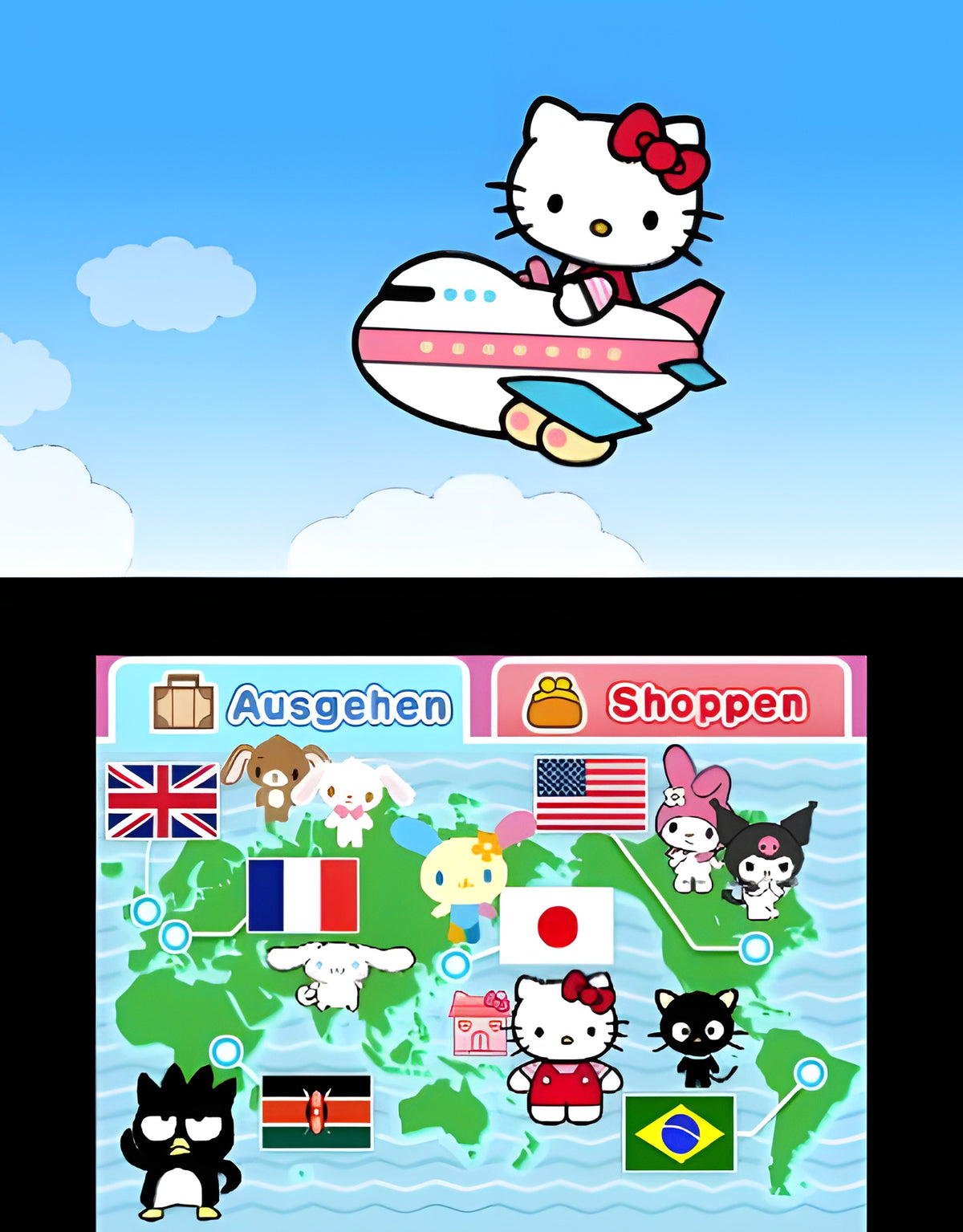 Hello Kitty und Freunde - Rund um die Welt zeigt Hello Kitty im Flugzeug über einer Weltkarte mit Ländern.