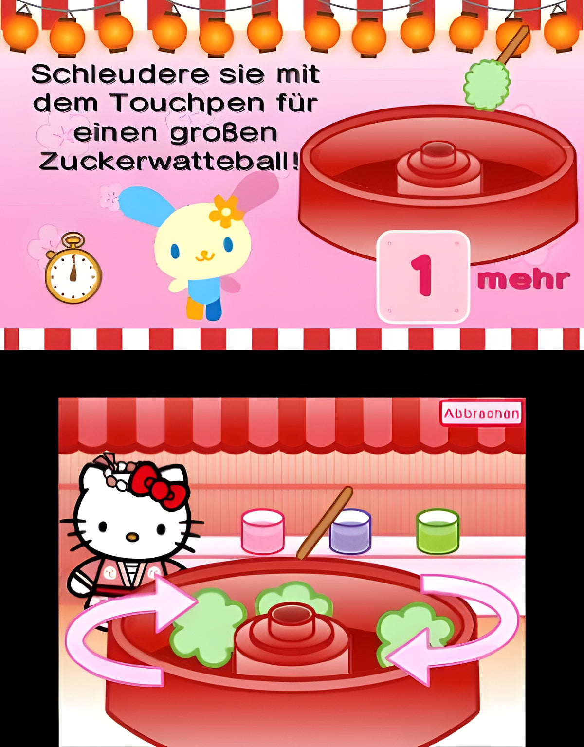 Ein Minispiel in Hello Kitty und Freunde - Rund um die Welt zeigt die Herstellung von Zuckerwatte.