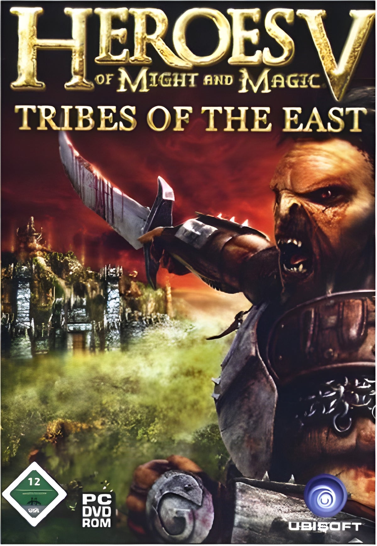 Das Cover von Hereos of Might and Magic: Tribes of the East für PC zeigt einen Ork mit Schwert vor einer Festung, USK ab 12.