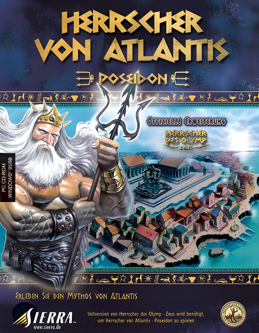 Das Cover von Herrscher von Atlantis: Poseidon für PC zeigt Poseidon mit Dreizack und eine Stadt.