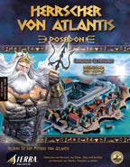 Das Cover von Herrscher von Atlantis: Poseidon für PC zeigt Poseidon mit Dreizack und eine Stadt.