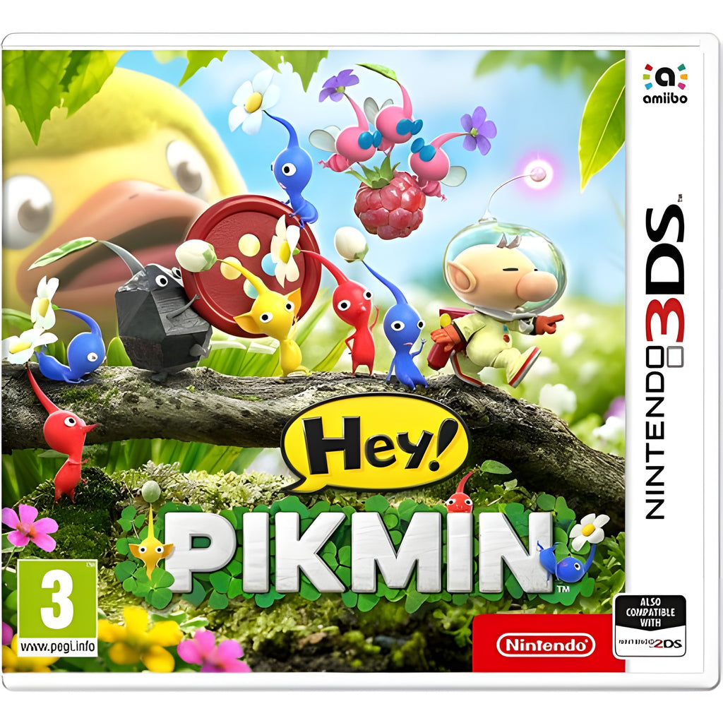 Die Verpackungsvorderseite von Hey! Pikmin für Nintendo 3DS zeigt Captain Olimar und verschiedene Pikmin-Arten, USK ab 3.