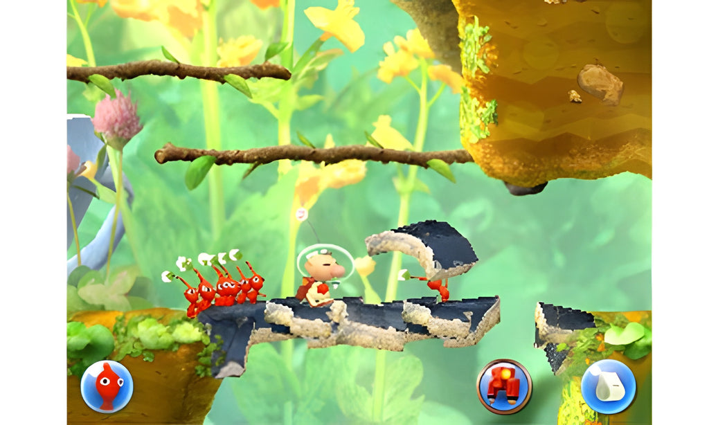 In Hey! Pikmin bauen Pikmin eine Brücke, während Captain Olimar zusieht.